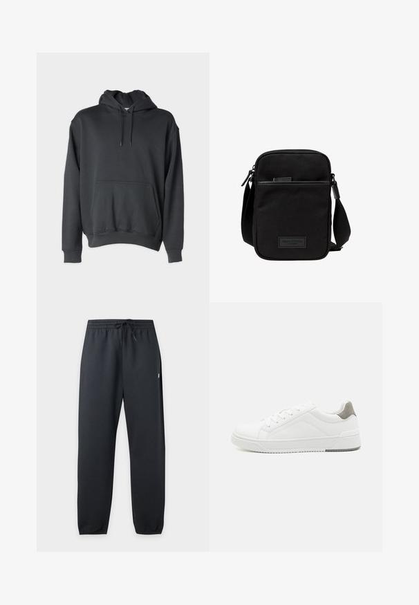 Donkergrijze hoodie van zachte stof, met een voorzak, trekkoorden in de capuchon en ribgebreide manchetten en zoom.; Zwarte sweatpants met elastische taille en aantrekkoord en met boordjes bij de enkels, getoond tegen een effen lichte achtergrond.; Witte sneaker van glad leer met een ronde neus, minimalistisch ontwerp, grijze hielaccent en een geplaatste rubberen zool.; Zwarte stoffen crossbody tas met een ritssluiting hoofdcompartiment, leren accenten, een voorkantvak en een verstelbare band. Marc O'Polo logo zichtbaar.