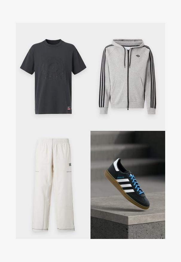Hellgrauer Kapuzenpullover mit Reißverschluss, schwarzen Streifen an den Ärmeln, vorderen Kängurutaschen, Kordelzug in der Kapuze und einem schwarzen Adidas Trefoil-Logo auf der Brust.; Dunkelgraues Baumwoll-T-Shirt mit Rundhalsausschnitt, kurzen Ärmeln und einem tonal geprägten Logo sowie dekorativen Elementen auf der Vorderseite. Kleines pinkes Etikett am Saum.; Weiße Sporthose mit elastischem Bund, seitlichen Taschen sowie schwarzem Adidas-Logo und Ziernähten. Glatter, leichter Stoff.; Schwarzer Adidas-Sneaker mit weißen Streifen, blauen Schnürsenkeln und Gummisohle, der über einer grauen Betontreppe im weichen Licht schwebt.