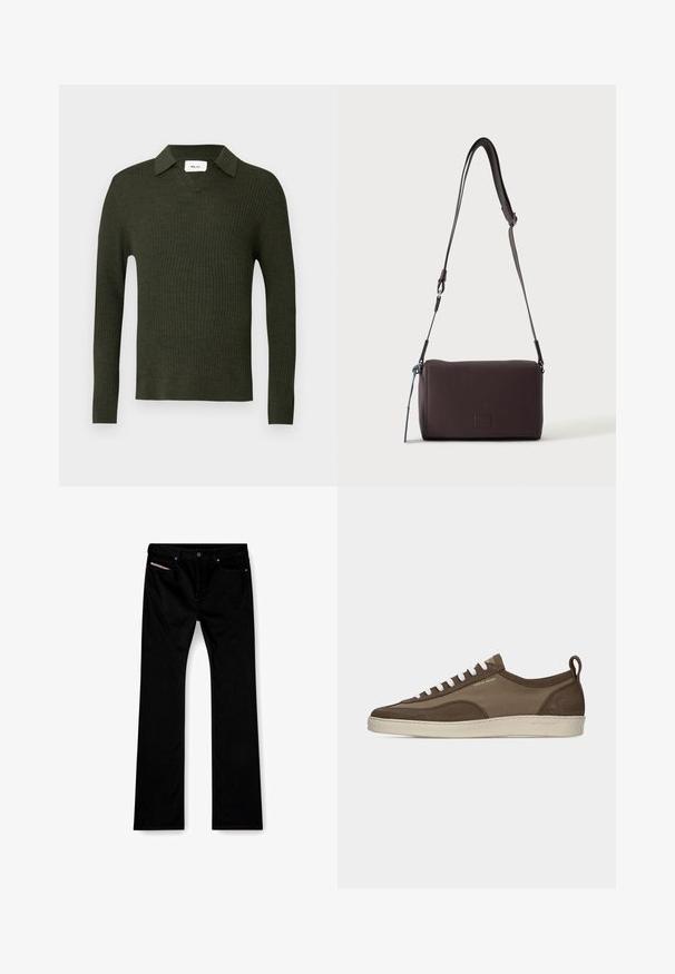 Jersey de canalé verde oscuro con escote en V y cuello. Cuenta con mangas largas y una silueta ajustada. Confeccionado con un material suave y texturizado.; Jeans negros de pierna recta con botón y cremallera frontal, bolsillos delanteros y traseros, y una etiqueta blanca visible en el bolsillo delantero derecho.; Zapatilla baja marrón con cordones blancos, suela beige, parte superior de tela y ante, lengüeta lateral y logo "Tiger of Sweden" en texto dorado.; Bolso bandolera de cuero marrón oscuro con textura, correa ajustable y pequeño adorno decorativo azul en el lateral.