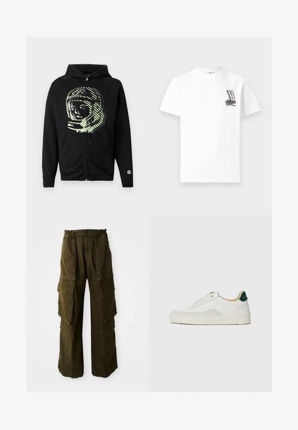 Sweat à capuche zippé noir en tissu doux, avec un grand motif d'astronaute vert clair et des rayures diagonales sur la poitrine.; T-shirt blanc à manches courtes et col rond avec un petit graphisme noir et blanc "Motel Service" sur la poitrine gauche.; Pantalons cargo en vert olive foncé, fabriqués en coton texturé. Dotés d'une taille élastique, de plusieurs poches latérales et d'une coupe ample.; Baskets blanches avec des accents en daim, bout arrondi, lacets plats et semelle en caoutchouc crème. Présente une marque verte sur le talon.