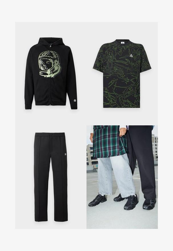 Sudadera con capucha negra con cremallera, hecha de tela suave, con un gran diseño de astronauta en verde claro y rayas diagonales en el pecho.; Camiseta negra con patrón de líneas abstractas verdes, mangas cortas y cuello redondeado; presenta un pequeño logo en el lado superior izquierdo.; Pantalones negros de tela suave, con cierre de botón, bolsillos laterales y un pequeño logotipo en la parte frontal. Diseño de pierna recta.; Zapatillas deportivas negras con acentos de malla y goma. Combinadas con jeans de pierna ancha de color gris claro y una blusa de cuadros verdes. Fondo de superficie plana.