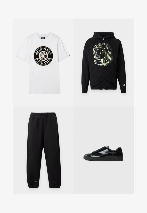 Sudadera con capucha negra con cremallera, hecha de tela suave, con un gran diseño de astronauta en verde claro y rayas diagonales en el pecho.; Camiseta de algodón blanca con un gráfico circular negro y dorado de un astronauta y el texto "BILLIONAIRE BOYS CLUB". Mangas cortas, cuello redondo.; Pantalones jogger negros con cintura y puños elásticos, ajuste slim, detalles de costuras sutiles y pequeño logo blanco cerca de los tobillos y el muslo.; Zapatillas de charol negro con punta redonda, diseño con cordones, suela de goma texturizada y acabado suave.