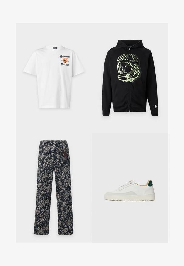 Black zip-up hoodie made of soft fabric, featuring a large astronaut graphic in light green with diagonal stripes across the chest.; White short-sleeve t-shirt with "Billionaire Boys Club" text and an orange tiger face graphic on the upper left chest.; Navy blue floral print trousers with an elastic waistband, featuring a loose fit and textured fabric. Includes a tag attached to the waistband.; White sneaker with suede accents, rounded toe, flat laces, and a cream rubber sole. Features green branding on the heel.