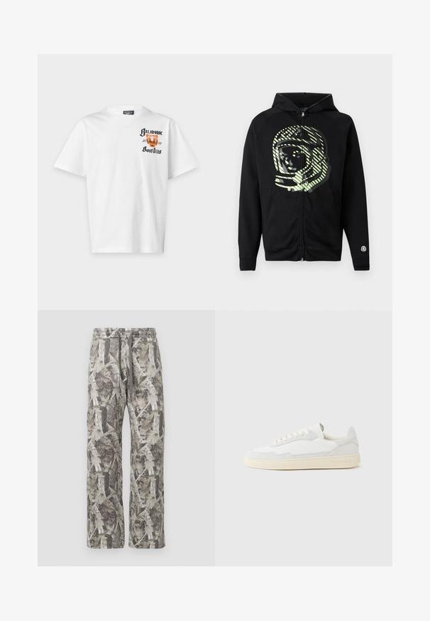 Μαύρο hoodie με φερμουάρ κατασκευασμένο από μαλακό ύφασμα, με μεγάλο γραφικό αστροναύτη σε ανοιχτό πράσινο χρώμα και διαγώνιες ρίγες στο στήθος.; Άσπρο κοντομάνικο μπλουζάκι με το κείμενο «Billionaire Boys Club» και μια πορτοκαλί γραφική παράσταση με τίγρη στην επάνω αριστερή πλευρά του στήθους.; Παντελόνι με καμουφλάζ σε χαλαρή γραμμή, με γκρι και μπέζ χρωματική παλέτα, ελαστική μέση με κορδόνι και μαλακή υφή υφάσματος.; Λευκό αθλητικό παπούτσι με επάνω μέρος από σουέτ και δέρμα με υφή. Διαθέτει στρογγυλή μύτη, κλείσιμο με κορδόνια και αντίθετη μπεζ καουτσούκ σόλα.