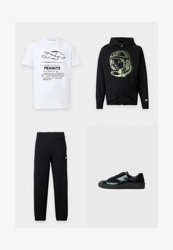 Sweat à capuche zippé noir en tissu doux, avec un grand motif d'astronaute vert clair et des rayures diagonales sur la poitrine.; T-shirt blanc avec un dessin au trait noir de Snoopy allongé au-dessus d'un texte promouvant la page du comic Peanuts du dimanche.; Pantalon de survêtement noir avec taille et poignets élastiques, arborant un petit logo blanc sur la partie supérieure de la cuisse gauche.; Baskets en cuir verni noir avec un bout arrondi, un laçage, une semelle en caoutchouc texturé et une finition lisse.