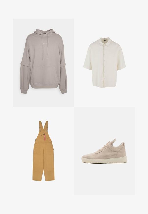 Zign Studio Hættetrøje - grey; Kortærmet skjorte i cremefarvet stof, med en afslappet pasform, knaplukning og klassisk kravedesign.; Beige bomuldsoveralls med forstykke, justerbare stropper, en forlomme og flere sidelommer med metalbeslag.; Beige ruskinds sneakers med afrundet tå, hvid sål og flade snørebånd. Har en træktab ved hælen og teksturerede sidelapper.