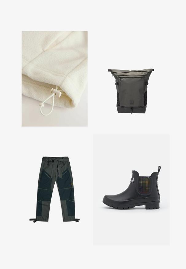 Fleece-Kleidungsstück in Off-White mit weicher Textur, ausgestattet mit einem Knebelverschluss und einer Kordel zur Anpassung am Saum.; Hose mit einem Gürtel, die eine Kombination aus dunkelgrünem und grauem Stoff aufweist, ein eckiges Patchwork-Design, mehrere Taschen und verstellbare Knöchelriemen hat.; Barbour KINGHAM - Gummistiefel - black; Dunkelgrauer Roll-Top-Rucksack mit vorderer Reißverschlusstasche, seitlichen Kompressionsriemen und unterem Reißverschlussfach, vor weißem Hintergrund gezeigt.