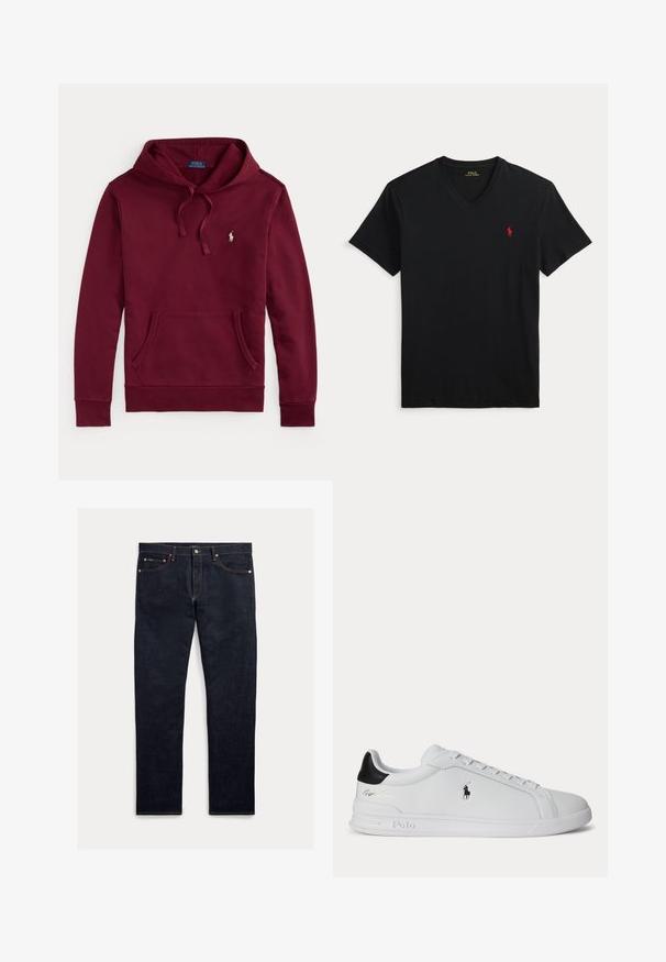 Sudadera con capucha de color granate, fabricada con una mezcla de algodón, presenta un bolsillo tipo canguro, capucha con cordones y un pequeño logo bordado en el pecho.; Camiseta negra de manga corta con escote en V y pequeño logo rojo de Polo Ralph Lauren en el pecho izquierdo.; Jeans de mezclilla oscura con corte recto, cinco bolsillos, costuras naranjas y cierre de botones. La tela tiene una textura suave.; Zapatilla blanca de corte bajo con lengüeta trasera negra, cordones y logo de Polo Ralph Lauren en el lateral, con detalles en relieve en la suela.