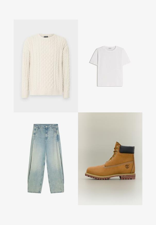 Kabelstriktrøje i off-white med rund halsudskæring, ribbede ærmegab og kant, samt teksturerede mønstre over hele stoffet.; Hvid bomuld T-shirt med rund halsudskæring og korte ærmer. Har en klassisk, firkantet form uden synlige mønstre eller detaljer.; Lyseblå vide cowboybukser med forlommer, bæltestropper og knaplukning.; Brun læderankelstøvle med sort krave, gule snørebånd og tanfarvet sål. Har logo og hvide syninger som detalje. Robust ydersål med greb.