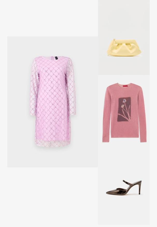 Suéter rosa con mangas largas, cuello redondo y un diseño floral en un rectángulo más oscuro. Textura suave, material acanalado, etiqueta de marca en el cuello.; Vestido de manga larga en rosa claro con un patrón de diamantes que presenta lentejuelas y una superposición transparente. Escote redondo y cremallera en la parte posterior.; Mule de tacón alto de punta estrecha de color marrón oscuro brillante con una tira delgada sobre el empeine sobre un fondo blanco liso.; Bolso de mano de cuero amarillo suave con detalles fruncidos y una correa delgada para la muñeca sobre un fondo claro liso.