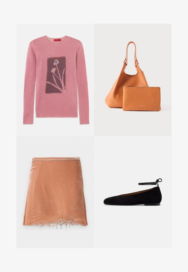 Suéter rosa con mangas largas, cuello redondo y un diseño floral en un rectángulo más oscuro. Textura suave, material acanalado, etiqueta de marca en el cuello.; Rabanne Minifalda - pink; Zapato plano de ante negro con punta redondeada, delgada correa en el tobillo atada en un lazo y tacón bajo sobre un fondo claro liso.; Bolso tote de cuero naranja con un acabado texturizado y doble asa, acompañado de un estuche a juego con cremallera. Ambos artículos son lisos y minimalistas.