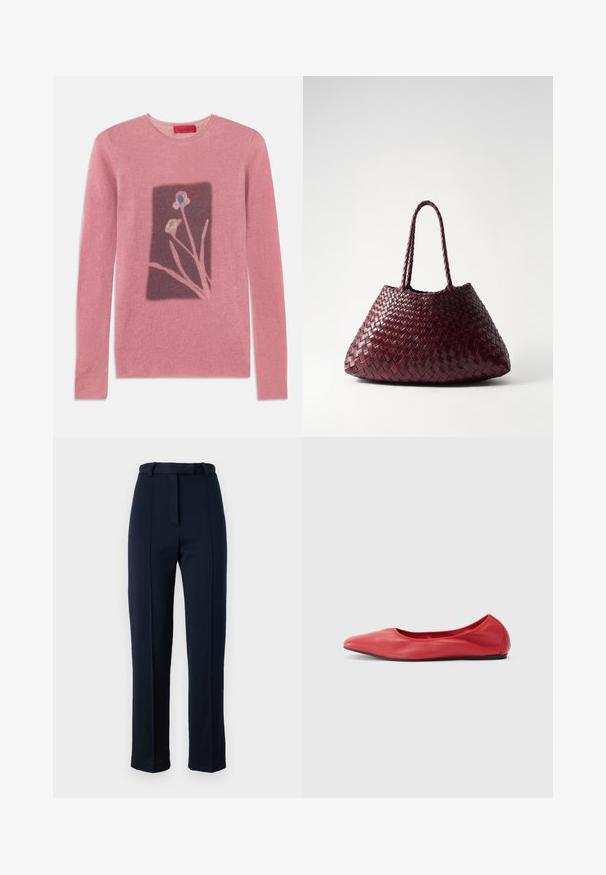 Lyserød sweater med lange ærmer, rund hals og et blomsterdesign i et mørkere rektangel. Blød tekstur, ribbestrikket materiale, brandlabel på halsudskæringen.; Marineblå, skræddersyede bukser lavet af tekstureret stof; har bæltestropper i taljen og en central fold ned foran. Slim, lige ben-design.; Filippa K REY FLATS - Ballerinasko - bright red; DRAGON DIFFUSION SANTA CROCE BIG - Håndtasker - bordo