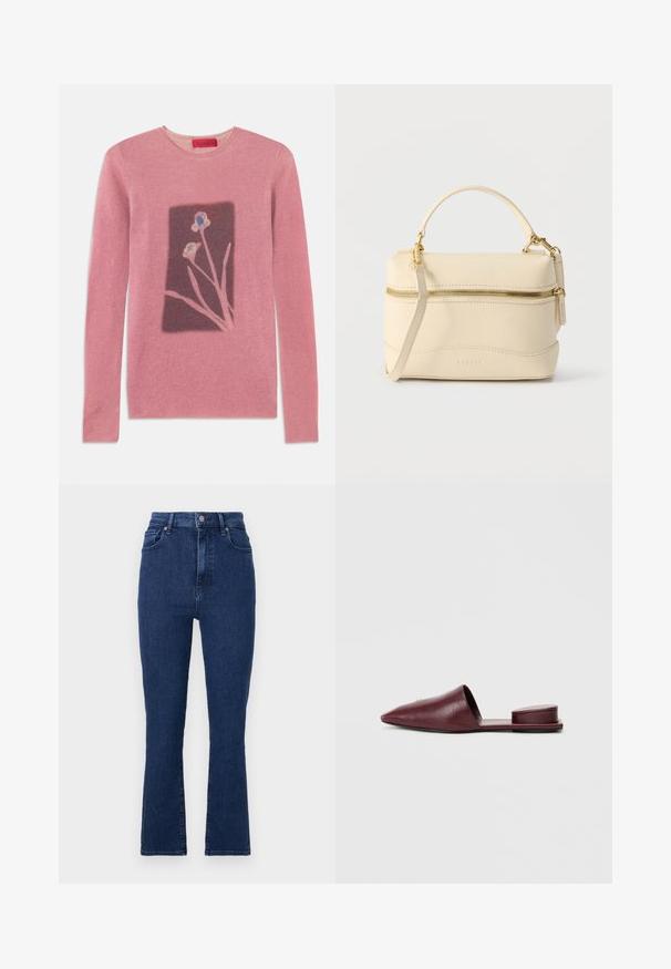 Rosa Pullover mit langen Ärmeln, Rundhalsausschnitt und einem floralen Design in einem dunkleren Rechteck. Weicher Stoff, geripptes Material, Markenetikett am Ausschnitt.; Dunkelblaue, hoch geschnittene Jeans aus Denimstoff mit geradem Bein, die vordere Taschen und einen Metallknopfverschluss aufweisen.; Burgunderfarbene Leder-Slipper mit spitzem Zeh, offener Ferse und gepolstertem Fersenakzent. Glatte Textur und minimalistisches Design.; Kleine Handtasche aus beigem Leder mit Tragegriff oben, abnehmbarem Schulterriemen und goldenem Reißverschluss an der Vorderseite.