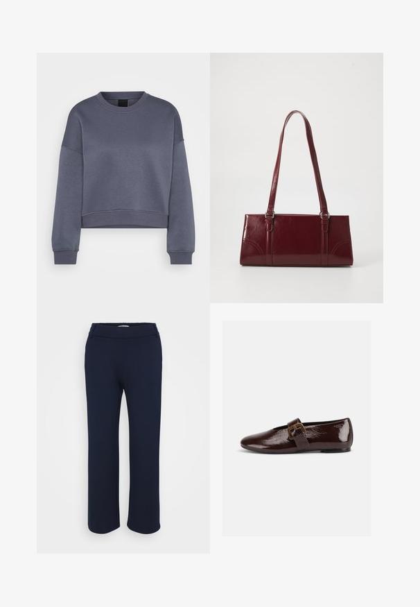 Dunkelgrauer langärmeliger Crewneck-Cropped-Sweatshirt mit gerippten Bündchen und Saum, auf einem weißen Hintergrund präsentiert.; Marineblaue gerade geschnittene Hose aus elastischem Material, mit flachem Bund und zwei seitlichen Taschen für Funktionalität.; Dunkelbrauner Lacklederschuh mit großer goldener Schnalle und abgerundeter Spitze, seitlich vor weißem Hintergrund dargestellt.; Burgunderfarbene Handtasche aus glänzendem Material, rechteckige Form, mit zwei Schulterriemen und subtilen, geschwungenen Akzenten an der Vorderseite.