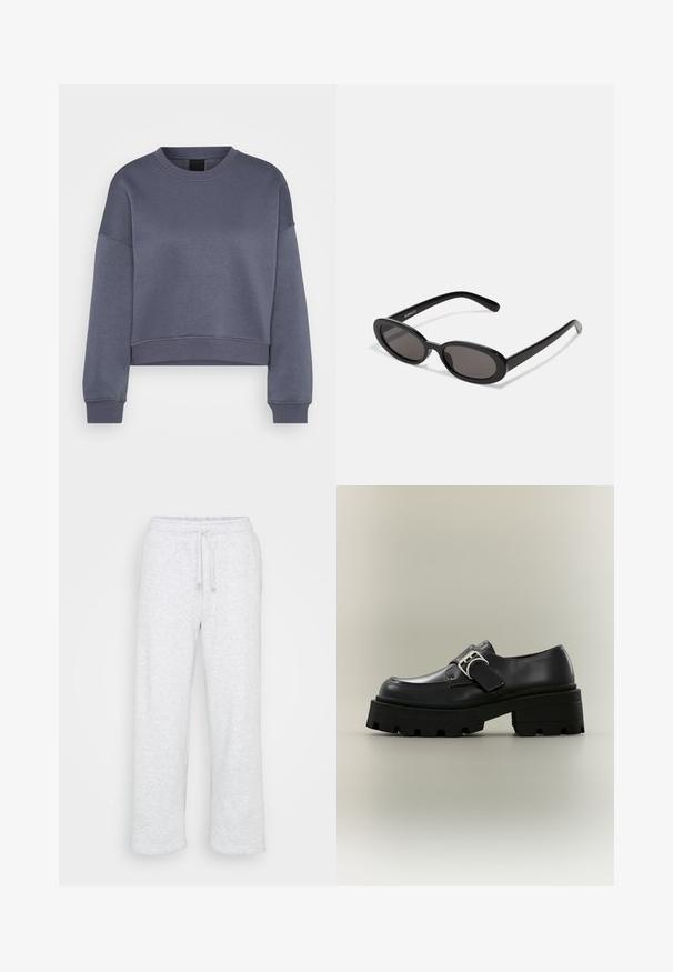Sudadera corta de cuello redondo de manga larga en gris oscuro, con puños y dobladillo acanalados, exhibida sobre un fondo blanco.; Pantalones de chándal de algodón gris claro con cintura elástica y cordón, corte de pierna recta, sin logotipos ni patrones visibles.; Mocasín negro de cuero con suela gruesa de tacos y correa con hebilla plateada, fotografiado sobre un fondo liso de color gris claro.; Even&Odd by Zalando Gafas de sol - black