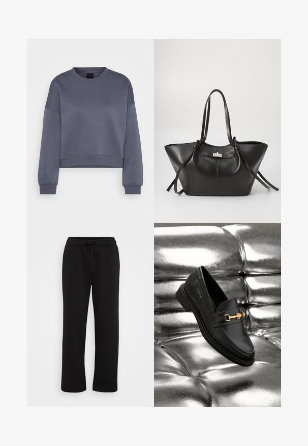 Tummanharmaa pitkähihaiset crewneck-lyhyt sweatshirt, jossa on ribbireunat hihansuissa ja helmassa, esitelty valkoista taustaa vasten.; Mustat suorat lahkeet verkkarit, jossa on joustava vyötärö ja säädettävä naru, esitelty valkoista taustaa vasten.; Musta nahkakengät loafer-tyylissä, jossa on kultasävyinen yksityiskohta. Kengässä on tyylikäs muotoilu ja sileä, kiiltävä pinta.; Mustat nahkainen kassi, joka on leveä ja kolmiomainen. Varustettu tyylikkäällä metallisella klipsillä, pitkillä kantokahvoilla ja sileällä pinnalla.