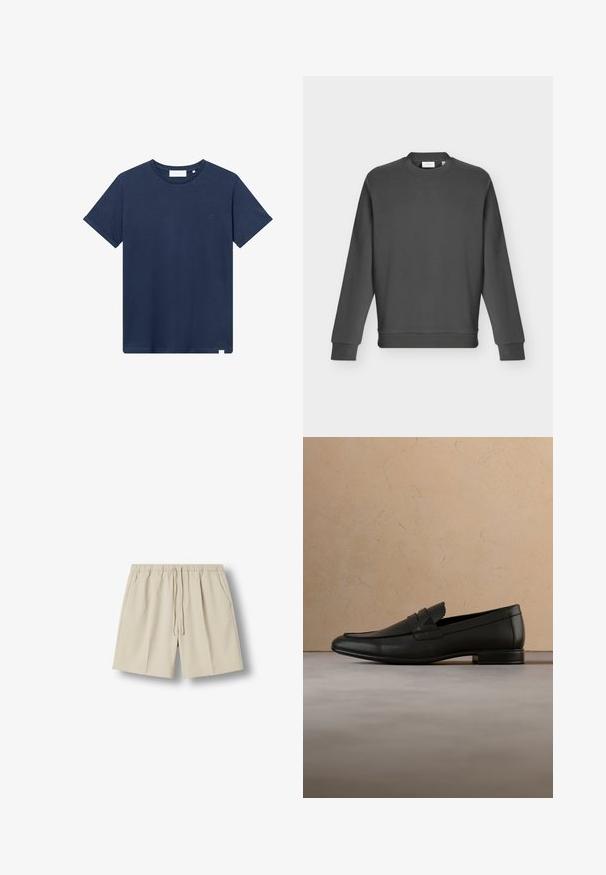 Donkergrijze crewneck trui met lange mouwen en geribde boorden en zoom, weergegeven op een effen lichtgrijze achtergrond.; Navyblauwe katoenen t-shirt met een ronde hals, korte mouwen en een klein geborduurd logo op de linkerkant van de borst. Zachte textuur.; Beige casual shorts met elastische tailleband en trekkoord, voorkant met zijzakken, plat gelegd op een witte achtergrond.; Zwarte leren loafer die zweeft boven een beige tapijt met een beige bank in een minimalistische binnenomgeving.