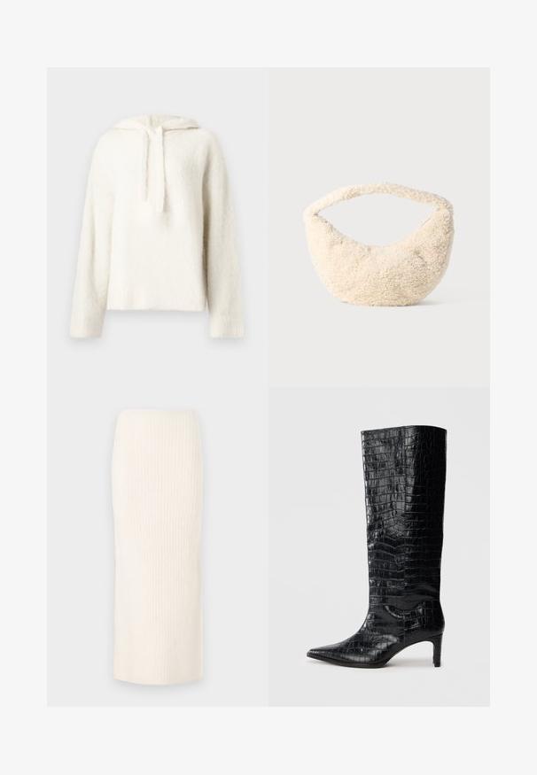 Sudadera blanca y esponjosa, hecha de un material suave, con capucha ajustable, mangas anchas y detalles de dobladillo acanalado. Apariencia acogedora y texturada.; Falda de punto color crema hasta la rodilla con textura acanalada, que presenta un diseño ajustado y una cinturilla elástica para mayor comodidad.; Botas negras de media caña con textura brillante de patrón de cocodrilo, punta afilada y tacón cónico. Material sintético liso.; Bolso de color crema con una textura suave y esponjosa. Forma curvada y una tira ancha para llevar. Diseño simple, sin hardware o acentos visibles.