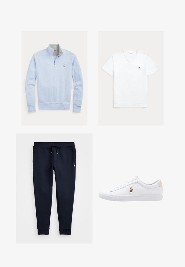 Lichtblauwe lange mouw pullover met kwartrits, opstaande kraag en klein marineblauw logo op de linkerborst, omgeslagen kraag binnenkant van grijze stof.; Witte T-shirt met V-hals en korte mouwen, met klein marineblauw Polo Ralph Lauren-logo op de linkerborst, plat weergegeven op een lichte achtergrond.; Marineblauwe joggingbroek met trekkoord in de taille, zijzakken, geribbelde enkels en klein wit paardenlogo op de rechterdij.; Witte canvas sneakers met een laag ontwerp, featuring een beige hieltab en een klein geborduurd logo aan de zijkant. Rubber zool.