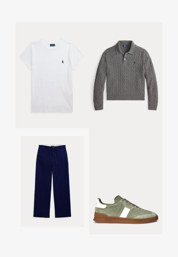 Grijze kabelgebreide lange mouwen polo trui met twee knopen en een klein marineblauw geborduurd logo op de borst.; Wit T-shirt met korte mouwen en ronde hals met klein donkerblauw Polo Ralph Lauren-logo op de linkerborst.; Marineblauwe rechte broek met riemlussen, knoopsluiting aan de voorkant en zijzakken op een witte achtergrond.; Oliijfgroene suède sneaker met witte zijstreep, bruine rubberen zool, veters en Polo-logo op de zijkant en hielstuk.