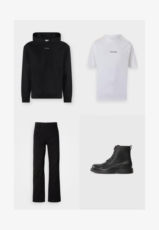 Sweat à capuche noir à manches longues avec un petit logo blanc Calvin Klein centré sur la poitrine, présenté sur un fond uni.; T-shirt blanc à manches courtes avec le logo Calvin Klein au centre de la poitrine et de fines rayures jaunes le long des épaules et des manches.; Pantalons en coton noir avec une coupe droite, dotés d'une fermeture à bouton et de passants de ceinture. Texture lisse et style minimaliste sans motifs visibles.; Bottine noire en cuir texturé avec un bout rond, un design à lacets, et une solide semelle en caoutchouc noir. Elle est dotée d'une boucle au talon.