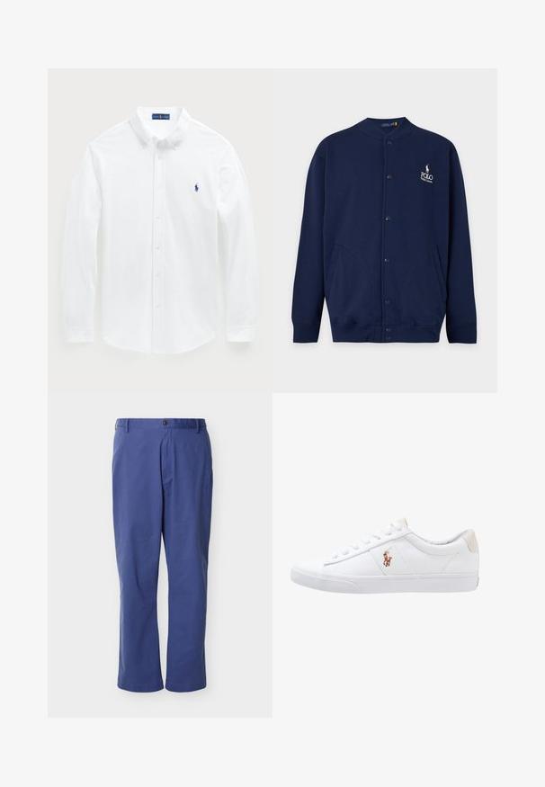 Tmavomodrý kardigán na gombíky so žebrovanými manžetami a lemem, s vyšívaným logom Polo Ralph Lauren v bielej farbe na ľavej strane hrudníka.; Biela košeľa s dlhým rukávom vyrobená z bavlny, s golierom na gombíky a malým modrým logom polo na hrudníku. Hladká textura, klasický strih.; Modré nohavice s rovnými nohavicami, s pútkami na opasok, predným gombíkom a zipsom, zobrazené na jednoduchom svetlosivom pozadí.; Biele plátenné tenisky s nízkym strihom, ktoré majú béžový opasok na päte a malé vyšívané logo na boku. Gumová podrážka.
