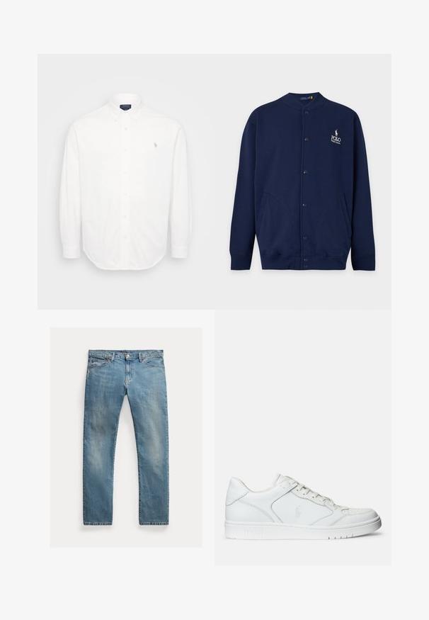 Tumesinine nööpkardigan soonikkoes mansettide ja äärega, vasakul rinnal valge õmmeldud Polo Ralph Laureni logo.; Valge pika varrukaga särk, millel on nupuga krae, ees nupud ja väike tikitud logo vasakul rinnal. Valmistatud puuvillast.; Hele sinine teksapüksid sirge lõikega, nööbiliuguriga kinnitamine, viis taskut, peen kulumine ja õmbluse aktsendid.; Valged nahast spordijalatsid siledast materjalist, millel on ventilatsiooniga varvas, paelad ja kõrvale brodeeritud logo. Valge kummitald.