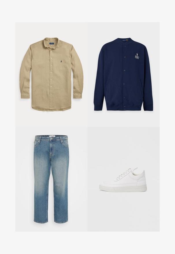 Marineblauer Cardigan mit Knöpfen, gerippten Bündchen und Saum, mit Polo Ralph Lauren Logo in Weiß auf der linken Brust gestickt.; Beige langärmliges Hemd zum Knöpfen mit Kragen, vorderen Knöpfen und kleinem dunkelblau besticktem Logo auf der linken Brust.; Geradlinige blaue Jeans aus Denim mit verblasster Vorderseite, Fünf-Taschen-Design, Knopf- und Reißverschluss sowie Gürtelschlaufen.; Weißer Ledersneaker mit abgerundetem Zehenbereich, flacher Sohle und Schnürverschluss. Verfügt über Nahtdetails und einen gepolsterten Kragen für zusätzlichen Komfort.