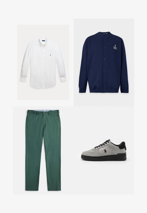 Donkerblauwe cardigan met knopen, geribde manchetten en zoom, met wit geborduurd Polo Ralph Lauren-logo op de linkerborst.; Witte blouse met lange mouwen, knoopsluiting, kraag en klein marineblauw Polo Ralph Lauren-logo geborduurd op de borst.; Groene katoenen chinos met een rechte pijp, voorzien van zij- en achterzakken, een knoopsluiting aan de voorkant en een gladde textuur.; Grijze suède sneakers met zwarte accenten, met een textuurstof zijpaneel, een ronde neus en een zwarte rubberen zool. Logo geborduurd op de zijkant.