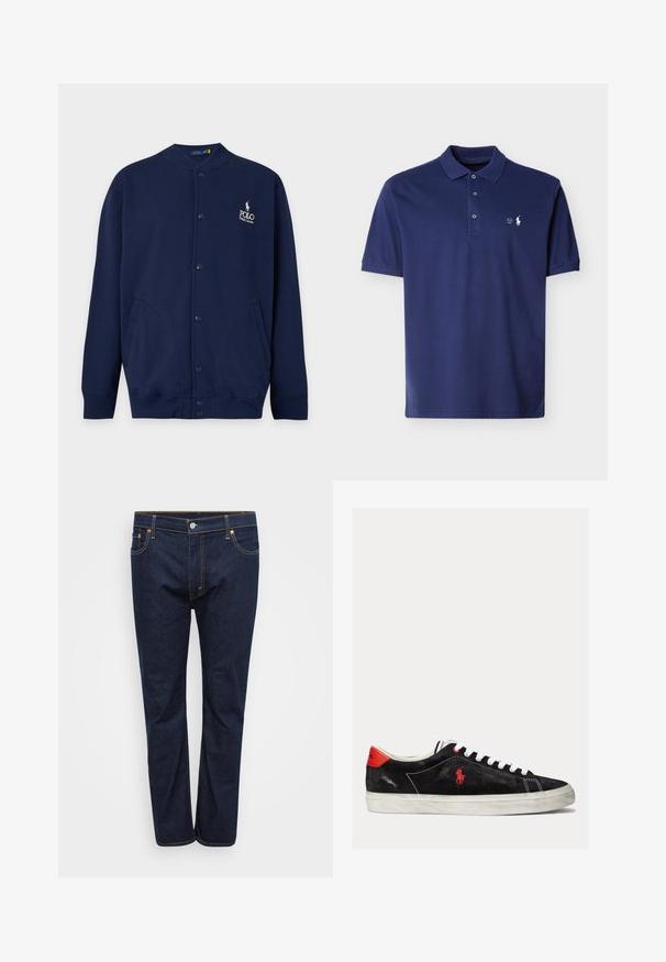Donkerblauwe cardigan met knopen, geribde manchetten en zoom, met wit geborduurd Polo Ralph Lauren-logo op de linkerborst.; Marineblauw polohemd met korte mouwen, drie knopen en een klein wit geborduurd logo op de linkerborst.; Donkerblauwe denim jeans met een rechte pijpdesign, voorzien van zichtbare stiksels in contrasterend geel, vijf zakken en een knoopsluiting aan de voorkant.; Zwarte suede sneakers met witte veters, rode accenten op de hak en een klein rood logo. Beschikt over een platte rubberen zool en eenvoudige stiksels.