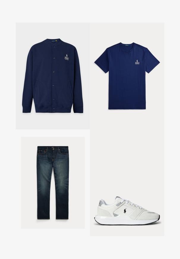 Tmavomodrý kardigán na gombíky so žebrovanými manžetami a lemem, s vyšívaným logom Polo Ralph Lauren v bielej farbe na ľavej strane hrudníka.; Tmavomodré tričko s krátkym rukávom a okrúhlym výstrihom s malým bielym logom Polo Ralph Lauren na ľavej strane hrudníka.; Tmavomodré riflové džínsy s priamym strihom nohavíc, jemným vyblednutím v oblasti kolien a oranžovým prešívaním na vreckách a švoch.; Biela nízka teniska so zaväzovaním na šnúrky, čierne logo na boku, sivé akcenty a hrubá biela podrážka s čiernym dezénom.