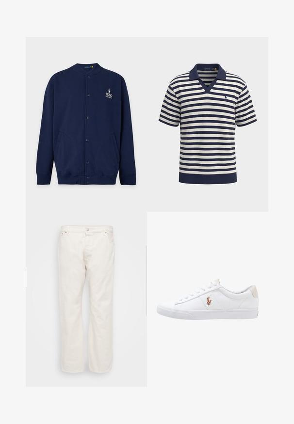 Marineblauer Cardigan mit Knöpfen, gerippten Bündchen und Saum, mit Polo Ralph Lauren Logo in Weiß auf der linken Brust gestickt.; Marineblaue und weiße horizontal gestreifte, kurzärmelige Poloshirt mit marineblauem Kragen, Logo auf der Brust und unifarbenem marineblauem Saum.; Weiße Denim-Jeans mit geradem Schnitt, ausgestattet mit einem Knopfverschluss, Gürtelschlaufen und zwei Seitentaschen. Glatte Textur, minimale Details.; Weiße Leinensneaker im Low-Top-Design mit einem beigen Ferseneinsatz und einem kleinen gestickten Logo an der Seite. Gummisohle.