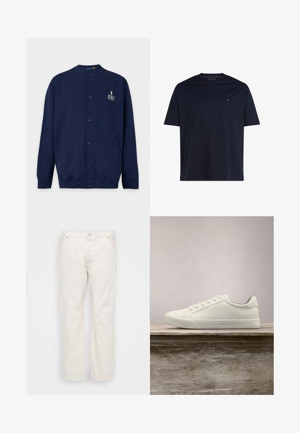 Donkerblauwe cardigan met knopen, geribde manchetten en zoom, met wit geborduurd Polo Ralph Lauren-logo op de linkerborst.; Effen donkerblauw T-shirt met korte mouwen, ronde hals en klein rood-wit-blauw logo op de linkerborst.; Witte denim jeans met een rechte pasvorm, voorzien van een knoopsluiting, riemlussen en twee zijzakken. Gladde textuur, minimalistische details.; Witte vetersneaker die boven een houten bank zweeft met groene bladeren op de achtergrond, waarbij het ontwerp en de textuur van de schoen worden getoond.