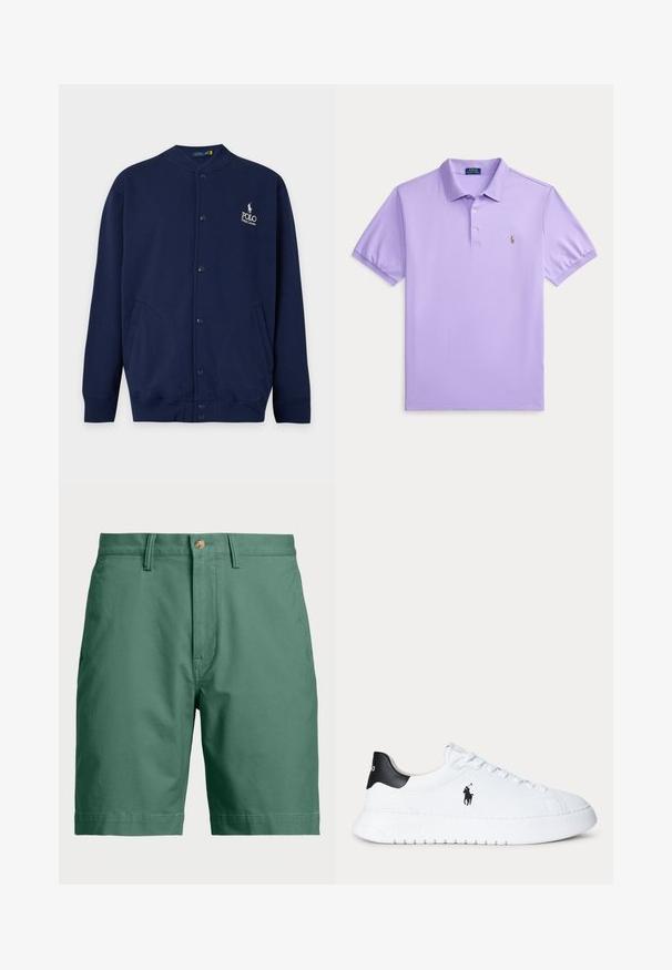 Tumesinine nööpkardigan soonikkoes mansettide ja äärega, vasakul rinnal valge õmmeldud Polo Ralph Laureni logo.; Hele lillakaspunaline lühikeste varrukatega polosärk kraega, kahe nupuga klapid ja vasakul rinnal väike tikitud logo.; Roheline puuvillane šorts, millel on nööbi kinnitamine ja vööloopide jaoks augud. Lihtne disain sirge lõikega, ilma nähtavate mustrite või rõhutusteta.; Valged madala säärega tossud musta kandatabu ja musta Polo Ralph Lauren logoga küljel, valgete paelte ja paksu valge tallaga.