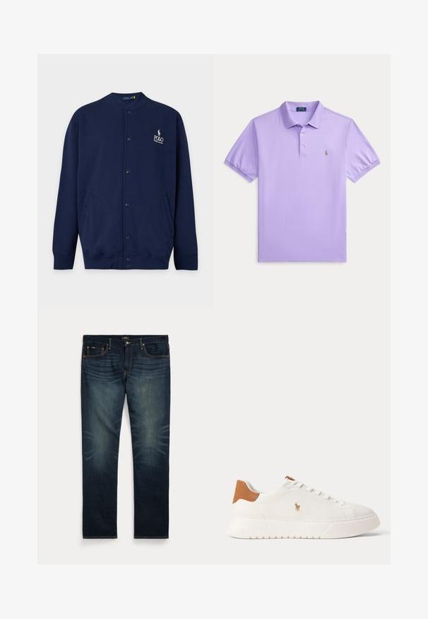Tmavomodrý kardigán na gombíky so žebrovanými manžetami a lemem, s vyšívaným logom Polo Ralph Lauren v bielej farbe na ľavej strane hrudníka.; Svetlofialové polo tričko s krátkym rukávom, golierom, dvojgombíkovou légou a malým vyšívaným logom na ľavej strane hrudníka.; Tmavomodré rifľové nohavice s jemným vyblednutím na predných stehnách a oranžovým prešitím, so zapínaním na gombík a zips a piatimi vreckami.; Biely nízky teniska s béžovou pätovou záložkou, bielymi šnúrkami a malým vyšívaným logom hráča póla na boku nad tlustou podrážkou.