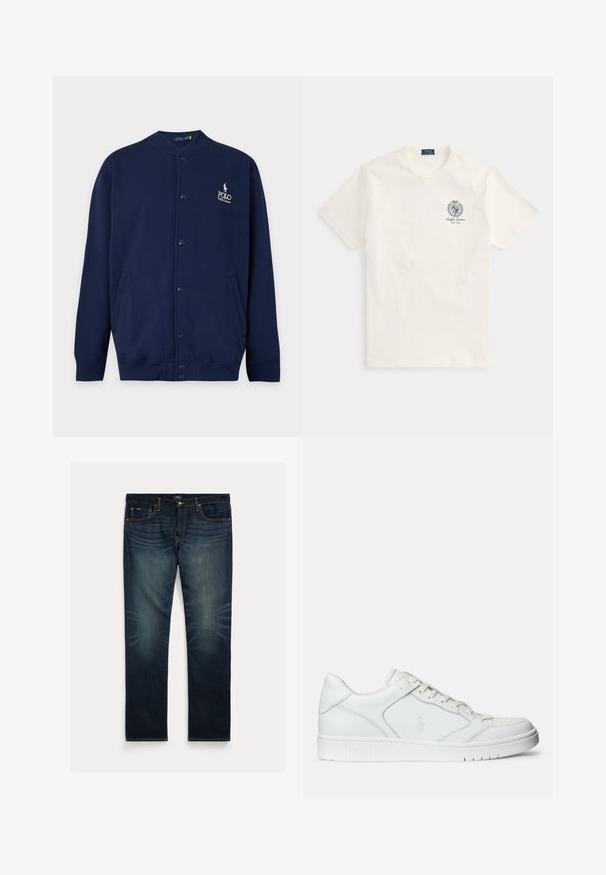 Tumesinine nööpkardigan soonikkoes mansettide ja äärega, vasakul rinnal valge õmmeldud Polo Ralph Laureni logo.; Valge lühikeste varrukatega Ralph Laureni t-särk väikese tumeda vapi ja "Ralph Lauren New York" tekstiga vasakul rinnal.; Tumesinised teksapüksid sirge säärega, kerge pleekimisega põlvede kohal ning oranžid õmbluse aksendid taskutel ja õmblustel.; Valged nahast spordijalatsid siledast materjalist, millel on ventilatsiooniga varvas, paelad ja kõrvale brodeeritud logo. Valge kummitald.