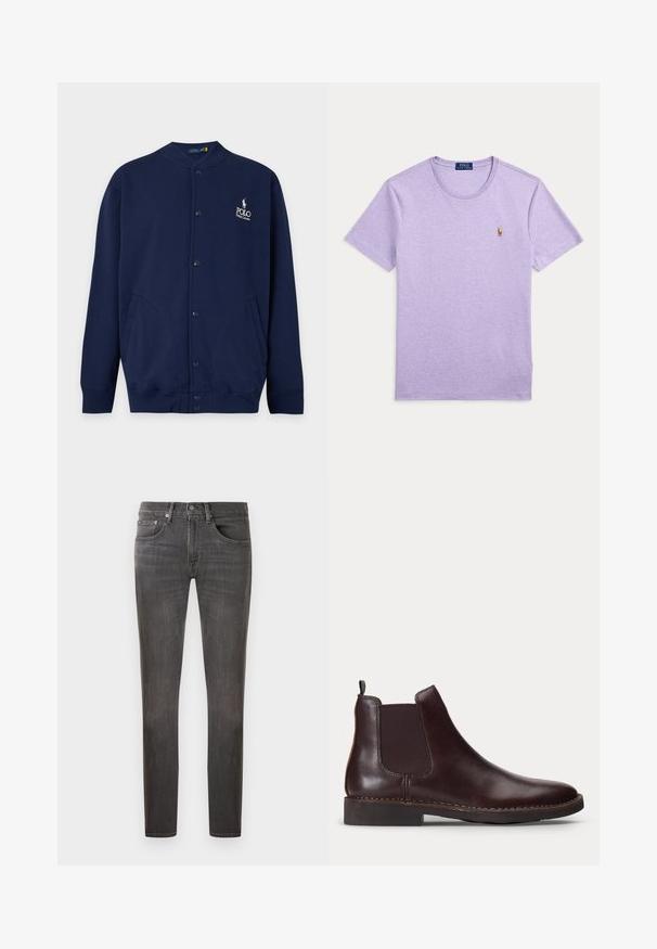 Tumesinine nööpkardigan soonikkoes mansettide ja äärega, vasakul rinnal valge õmmeldud Polo Ralph Laureni logo.; Lavendli crew neck lühikeste varrukatega T-särk, mille vasakul rinnal on väike brodeeritud Polo Ralph Laureni logo.; Tumedat hallid teksad, millel on klassikaline lõige, viie taskuga disain ja õrn kulumisefekt, nööbiga kinnitamine ja lukuga esitasku.; Tumepruun nahast Chelsea saabas elastse külgpaneeli ja madala kannaga, esitatud profiilis valgel taustal.