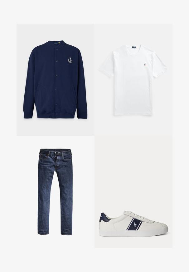 Tmavomodrý kardigán na gombíky so žebrovanými manžetami a lemem, s vyšívaným logom Polo Ralph Lauren v bielej farbe na ľavej strane hrudníka.; Biele bavlnené tričko s okrúhlym výstrihom a krátkymi rukávmi, s malým farebným vyšívaným logom na ľavej strane hrude. Hladká textúra, klasický strih.; Tmavomodré džínsy s úzkym strihom, piatimi vreckami a štandardným pásom. Obsahujú viditeľný steh a kovové akcenty.; Biele nízke tenisky s námorníckym modrým pásikom a logom na boku, s námorníckym modrým pätovým pásikom, plochou bielou podrážkou a bielymi šnúrkami.