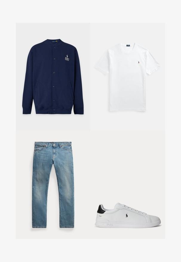 Marineblauer Cardigan mit Knöpfen, gerippten Bündchen und Saum, mit Polo Ralph Lauren Logo in Weiß auf der linken Brust gestickt.; Weißes Baumwoll-T-Shirt mit Rundhalsausschnitt und kurzen Ärmeln, versehen mit einem kleinen, farbenfrohen Sticklogo auf der linken Brust. Glatte Textur, klassischer Schnitt.; Hellblaue Jeans mit geradem Bein, Fronttaschen, Gürtelschlaufen, Knopfverschluss und leicht ausgewaschenen Details.; Weißer Sneaker mit niedrigem Schaft, schwarzem Fersenlasche, Schnürsenkeln und Polo Ralph Lauren Logo an der Seite, mit geprägten Sohlen-Details.