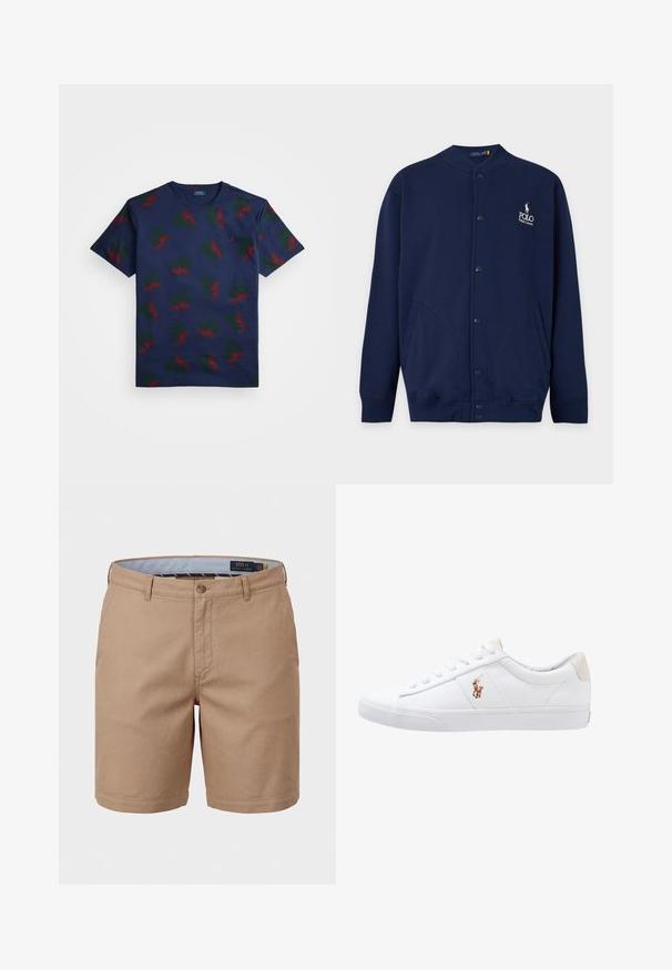 Tmavomodrý kardigán na gombíky so žebrovanými manžetami a lemem, s vyšívaným logom Polo Ralph Lauren v bielej farbe na ľavej strane hrudníka.; Námořnická modrá bavlněná tričko s opakujícím se vzorem červených a zelených křídlatých designů. Obsahuje kulatý výstřih a krátké rukávy.; Pánske béžové chino šortky s pútkami na opasok, predným zapínaním na gombík, bočnými vreckami a vnútorným pásom s logom Polo Ralph Lauren.; Biele plátenné tenisky s nízkym strihom, ktoré majú béžový opasok na päte a malé vyšívané logo na boku. Gumová podrážka.