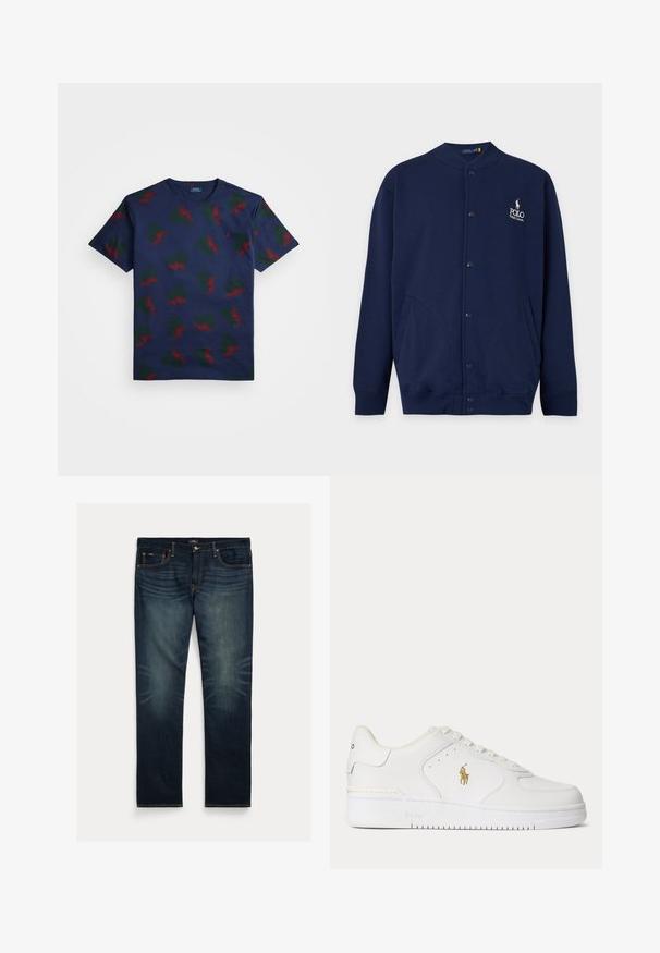 Cardigan azul marino con botones, puños y bajo acanalados, con el logo de Polo Ralph Lauren bordado en blanco en el pecho izquierdo.; Camiseta de algodón azul marino con un patrón repetido de diseños alados en rojo y verde. Presenta un cuello redondo y mangas cortas.; Vaqueros de mezclilla azul oscuro con un diseño de pierna recta, un sutil desgaste cerca de las rodillas y detalles de costuras en naranja en los bolsillos y las costuras.; Zapatilla blanca de piel de corte bajo con cordones blancos y un logo dorado de Polo Ralph Lauren en el lateral y "Polo" grabado en la suela.