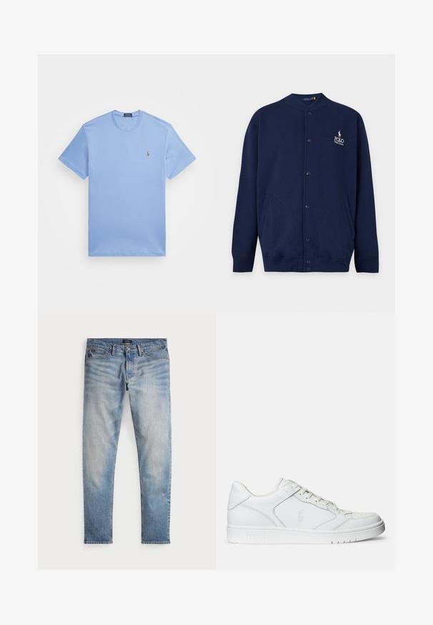 Tmavomodrý kardigán na gombíky so žebrovanými manžetami a lemem, s vyšívaným logom Polo Ralph Lauren v bielej farbe na ľavej strane hrudníka.; Svetlomodré tričko s krátkymi rukávmi vyrobené z bavlnenej zmesi. Má okrúhly výstrih a malé vyšívané logo na ľavej hrudi.; Svetlomodré denimové nohavice s bledým povrchom, dizajnom na päť vreciek a kontrastným prešívaním. Obsahujú zips a pútka na opasok. Rovný strih.; Biele kožené tenisky s hladkým povrchom, obsahujúce perforovanú špičku, šnúrkové uzatvorenie a vyšívané logo na boku. Biela gumová podrážka.
