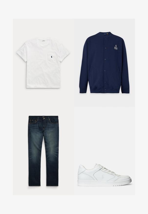 Marineblå cardigan med knapper, ribstrikkede manchetter og kant, med Polo Ralph Lauren-logo broderet i hvidt på venstre bryst.; Hvid t-shirt med korte ærmer og rund hals med en brystlomme, der har en lille mørk polo-spiller-logo.; Mørkeblå denimjeans med subtil falming på forreste lår og orange syninger, med knap- og lynlåslukning samt fem lommer.; Hvide lædersneakers med en glat tekstur, der har en perforeret tå, snørebåndslukning og broderet logo på siden. Hvid gummisål.