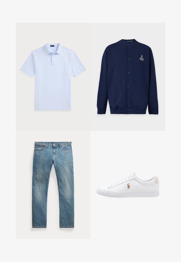 Marineblauer Cardigan mit Knöpfen, gerippten Bündchen und Saum, mit Polo Ralph Lauren Logo in Weiß auf der linken Brust gestickt.; Hellblaues Baumwoll-Polohemd mit kurzen Ärmeln, klassischem Kragen, weißen Akzenten und einem kleinen Logo auf der linken Brust.; Hellblaue Jeans mit geradem Bein, Fronttaschen, Gürtelschlaufen, Knopfverschluss und leicht ausgewaschenen Details.; Weiße Leinensneaker im Low-Top-Design mit einem beigen Ferseneinsatz und einem kleinen gestickten Logo an der Seite. Gummisohle.