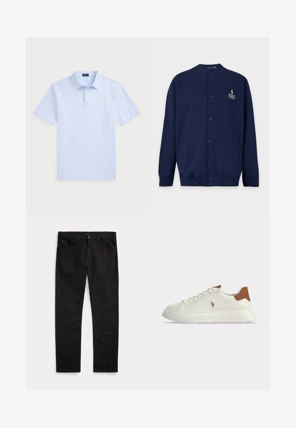 Tmavomodrý kardigán na gombíky so žebrovanými manžetami a lemem, s vyšívaným logom Polo Ralph Lauren v bielej farbe na ľavej strane hrudníka.; Svetlomodrá bavlnená polo košeľa s krátkymi rukávmi, klasickým golierom, bielymi akcentmi a malým logom na ľavej hrudi.; Čierne rifle s rovným strihom, prednými a zadnými vreckami, opaskovými očkami, zapínaním na gombík a jemnou značkovou etikou na pásiku a vrecku.; Biely nízky teniska s hnedou pätkou, šnurovaním vpredu, hrubou podrážkou a malým vyšívaným logom koňa na boku.