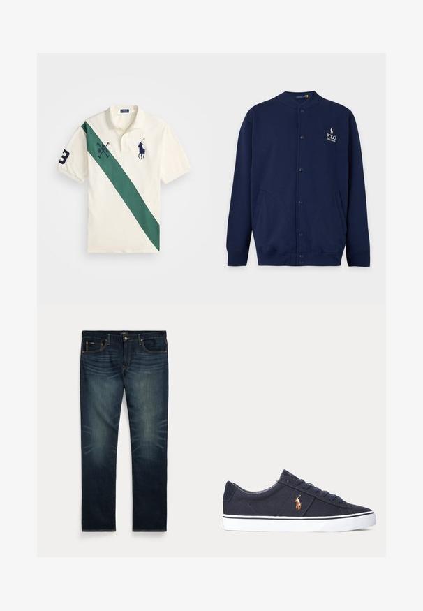Marineblå cardigan med knapper, ribstrikkede manchetter og kant, med Polo Ralph Lauren-logo broderet i hvidt på venstre bryst.; Polo skjorte i cremet farve med en skrå grøn stribe, der har marineblå broderi af en polospiller, "P" logo og nummer "3" på ærmet.; Mørkeblå denimjeans med subtil falming på forreste lår og orange syninger, med knap- og lynlåslukning samt fem lommer.; Mørkeblå low-top sneaker med hvid sål, mørkeblå snørebånd og en lille broderet polospiller-logo på siden.