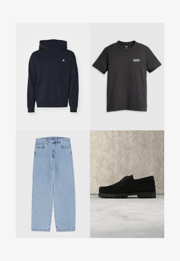Zwarte hoodie gemaakt van een katoenmix, met een voorste kangoeroezak en een wit Air Jordan-logo op de borst.; Zwart katoenen T-shirt met korte mouwen, ronde hals en wit "Levi's" logo gedrukt op de linkerborst. Zachte textuur, losse pasvorm.; Lichtblauwe denim jeans met een recht model, voorzien van een middelhoge taille, vijf zakken en een knoop- en ritssluiting.; Zwarte veterlaars met dikke geribbelde zool zwevend boven beige tapijt, bruine moderne ronde tafel in zacht verlichte kamer op de achtergrond.