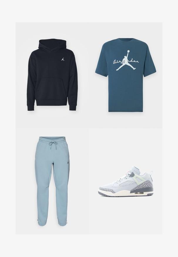 Sudadera con capucha negra hecha de una mezcla de algodón, que presenta un bolsillo canguro delantero y un logo blanco de Air Jordan en el pecho.; Camiseta azul de algodón con mangas cortas y cuello redondo. Presenta un gran gráfico blanco de una figura saltando y el texto "Air Jordan" debajo.; Pantalones deportivos de un azul claro, confeccionados en una tela suave, con una waistband elástica y cordón, bolsillos laterales y un pequeño logo negro en el muslo.; Zapatilla gris claro con un estampado de elefante texturizado en gris, paneles de malla y acentos en verde menta. Cuenta con una unidad de aire visible en la suela.