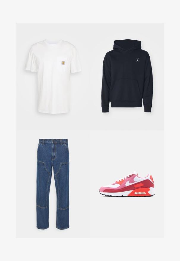 Schwarzer Kapuzenpullover aus Baumwollmischung, ausgestattet mit einer vorderen Kängurutasche und einem weißen Air Jordan-Logo auf der Brust.; Weißes Baumwoll-T-Shirt mit kurzen Ärmeln, einer Brusttasche und einem kleinen quadratischen Logopatch in Orange und Weiß auf der Tasche.; Blaue Denim-Jeans mit geradem Bein, vorderen aufgesetzten Taschen und kontrastierenden Nähten. Der Stoff hat eine klassische Textur und Ausführung.; Herren-Sportschuh mit weißem Mesh, rosa und roten Wildleder-Overlays, weißem Nike-Swoosh und sichtbarer Luftdämpfung in der Zwischensohle.