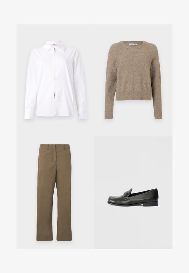 Suéter beige de cuello redondo hecho de una tela suave. Cuenta con puños y dobladillo de canalé, con un diseño ligeramente recortado y una textura mínima.; Camisa blanca de manga larga con cuello tipo polo y cremallera frontal. Confeccionada en un tejido suave con forma ajustada y detalles de puños abotonados.; Pantalones rectos marrones hechos de una mezcla de algodón. Cuentan con passantes para cinturón, un bolsillo frontal y una textura suave sin patrones.; Mocasines de cuero negro con puntera redondeada, detalles de costuras elevadas y un tacón bajo apilado. Textura suave con un brillo sutil.
